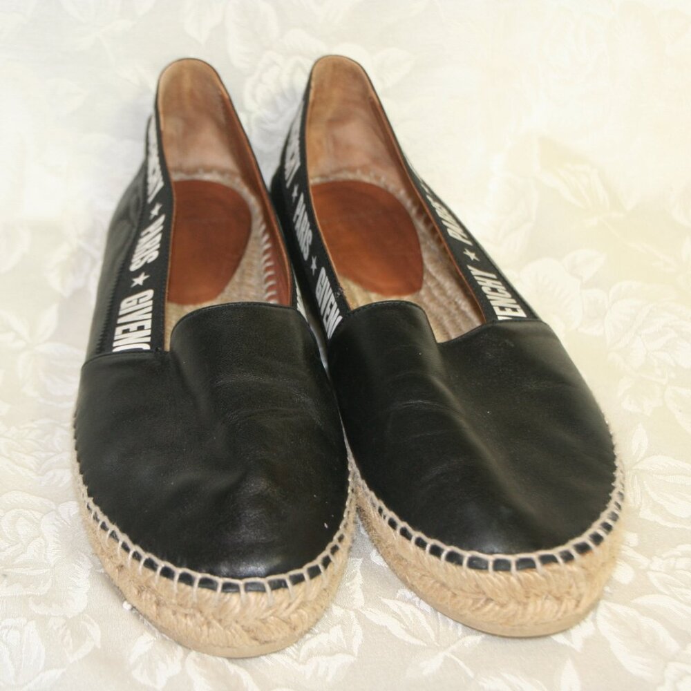 Givenchy Logo Tape Espadrilles Black Leather Size EU 39 (8.5 US)